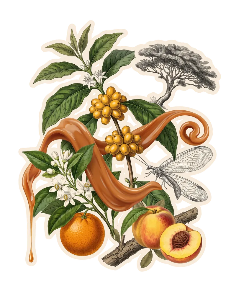 Colagem do café Siriema do Alexandre: ramo de Siriema com cerejas amarelas, laranja com flor de laranjeira e pêssego cortado, fita âmbar de doce de leite, crisopídeo, árvore pequena no alto e galho de casca grossa.